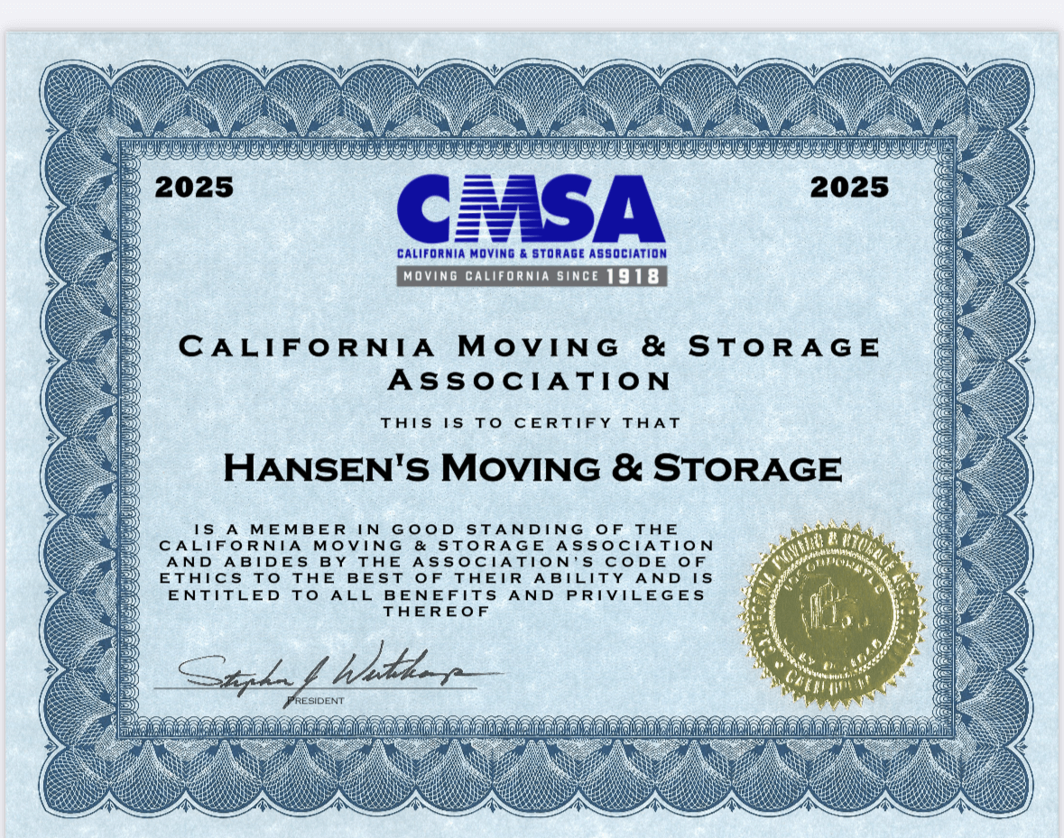 Hansen's Moving and Storage certificate